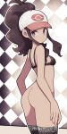  1girl ass back bare_shoulders baseball_cap black_bra blue_eyes bottomless bra breasts brown_hair checkered checkered_background curly_hair from_side hat high_ponytail highres hilda_(pokemon) lamb-oic029 long_hair looking_at_viewer looking_to_the_side outline parted_lips pokemon pokemon_(game) pokemon_bw sideboob sidelocks sideways_glance small_breasts solo thighhighs underwear white_outline 