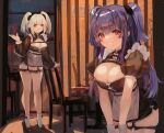  2girls apron blue_hair breasts cleavage cleavage_cutout closed_mouth clothing_cutout eyebrows_behind_hair eyebrows_visible_through_hair frilled_sleeves frills full_body garter_straps high_heels indoors large_breasts leaning_forward long_hair long_sleeves looking_at_viewer maid maid_cafe multiple_girls obiwan open_mouth original puffy_short_sleeves puffy_sleeves red_eyes short_sleeves sidelocks signature socks standing two_side_up waist_apron weisuoxin white_apron white_hair white_legwear 