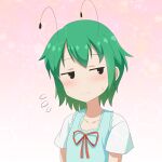  1girl 3: alternate_costume antennae blush cato_(monocatienus) collarbone commentary_request flying_sweatdrops frown gradient gradient_background green_hair highres jitome looking_to_the_side pink_background short_hair short_sleeves simple_background solo sweatdrop touhou upper_body wriggle_nightbug 