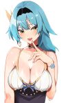  1girl :d bangs bare_shoulders black_hairband blue_hair breasts cleavage collar collarbone earrings eula_(genshin_impact) finger_to_mouth genshin_impact hairband hand_on_own_chest highres jewelry large_breasts long_hair looking_at_viewer mutsu_ane_daisuki nail_polish open_mouth purple_nails single_earring sleeveless smile solo underbust upper_body wristband yellow_eyes 