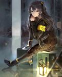  1girl 404_logo_(girls&#039;_frontline) absurdres armband black_skirt boots brown_hair exoskeleton expressionless full_body hair_between_eyes hair_ornament highres indoors interlocked_fingers jacket knee_to_chest lantern long_hair long_sleeves looking_at_viewer ns3519_16 one_side_up pantyhose pleated_skirt scar scar_across_eye sitting skirt ump45_(girls&#039;_frontline) yellow_eyes 