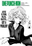  1boy 1girl bald black_dress boots breasts cape copyright_name cover cover_page curly_hair dress eyelashes gloves hands_in_pockets long_sleeves looking_at_viewer lying manga_cover monochrome murata_yuusuke on_side one-punch_man pelvic_curtain small_breasts tatsumaki 