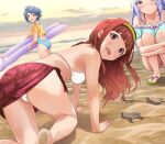  3girls :d absurdres all_fours ass bangs bare_arms bare_back barefoot beach bikini blue_eyes blue_hair blue_swimsuit blunt_bangs blush bow bow_shirt breasts cameltoe cloud cowlick crop_top floral_print frills hairband halterneck hanamasa_ono highres hugging_own_legs idolmaster idolmaster_million_live! long_hair looking_at_viewer looking_back multiple_girls off_shoulder one-piece_swimsuit open_mouth orange_eyes pink_bow purple_hair red_eyes red_hair red_sarong sand sarong sea_turtle shiraishi_tsumugi shirt short_hair short_sleeves small_breasts smile soles squatting sunset swimsuit swimsuit_under_clothes tanaka_kotoha toeless_footwear toyokawa_fuuka turtle white_bikini yellow_shirt 