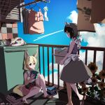  2girls alternate_costume animal animal_ears apron balcony bare_arms barefoot black_hair blonde_hair blue_sky book brown_eyes carrying casual cat clothes clothes_hanger cloud common_raccoon_(kemono_friends) contemporary day drying drying_clothes extra_ears eyebrows_visible_through_hair fennec_(kemono_friends) flower fox_ears fox_girl fox_tail full_body grey_hair hair_between_eyes highres holding holding_book japari_symbol kemono_friends laundry laundry_basket looking_at_another medium_hair medium_skirt miniskirt multicolored_hair multiple_girls nanana_(nanana_iz) outdoors raccoon_ears raccoon_girl raccoon_tail railing sandals shirt sidelocks sitting skirt sky sleeveless sleeveless_shirt smile sunflower tail tile_wall tiles toes walking washing_machine wind_chime 