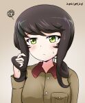  1girl alternate_hairstyle armorganger bangs blush brown_background brown_hair brown_jacket chi-hatan_military_uniform closed_mouth commentary dated eyebrows_visible_through_hair frown girls_und_panzer green_eyes hair_down hand_in_hair highres hosomi_shizuko jacket long_sleeves looking_at_viewer portrait solo squiggle sweatdrop 
