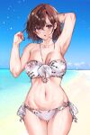  1girl :o arm_behind_head arm_up armpits bangs beach bikini blue_sky blush breasts brown_hair cleavage clenched_hand cloud collarbone commentary_request cowboy_shot day eno_yukimi floral_print front-tie_bikini front-tie_top groin hair_between_eyes halter_top halterneck hand_in_hair hand_up highres higuchi_madoka horizon idolmaster idolmaster_shiny_colors large_breasts legs_together light_particles looking_at_viewer mole mole_under_eye navel ocean outdoors parted_bangs pink_eyes print_bikini shiny shiny_hair shiny_skin short_hair side-tie_bikini sky solo standing stomach swimsuit thigh_gap wet white_bikini 