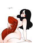  1girl absurdres black_hair blush breasts food full_body highres holding large_breasts long_hair nigirizushi nude original panoramango personification red_eyes sitting smile solo sushi 