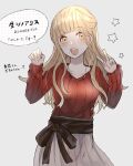  1girl :d akitama2727 blonde_hair casual colored_skin fashion grey_background grey_skin little_red_riding_hood_(sinoalice) long_hair long_sleeves looking_at_viewer open_mouth red_sweater simple_background sinoalice smile solo speech_bubble star_(symbol) sweater teeth v yellow_eyes 