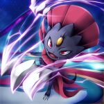  000hassy arm_up claws commentary_request eyebrows_visible_through_hair fangs gen_4_pokemon highres mouth open_mouth pink_eyes pokemon pokemon_(creature) smile tagme weavile 