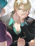  1boy 1girl aqua_shirt bangs black_jacket black_suit blonde_hair blue_eyes blurry blurry_foreground blush breasts closed_mouth collared_shirt commentary eating eyebrows eyebrows_visible_through_hair facial_hair hair_between_eyes hand_on_own_cheek hand_on_own_chin hand_on_own_face head_rest holding holding_spoon jacket large_breasts light_blue_hair lips long_sleeves looking_at_another nefertari_vivi one_piece parted_bangs pectorals puffy_cheeks purple_shirt runa_(artist) sanji shirt shokugeki_no_sanji short_hair sitting smile solo_focus spoon stubble upper_body wing_collar 