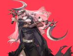  1girl bangs breasts cape cleavage_cutout clothing_cutout crossed_arms dual_wielding eyebrows_visible_through_hair highres holding holding_sickle hololive hololive_english long_hair looking_at_viewer medium_breasts mori_calliope pink_hair quasarcake red_background red_eyes sickle solo spikes tiara veil virtual_youtuber 