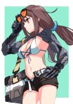  1girl adjusting_eyewear aqua_background armpits belt bikini bikini_top black_shorts breasts brown_hair case cleavage cowboy_shot einheadt eyewear_on_head girls&#039;_frontline hair_ornament hand_on_hip js_9_(girls&#039;_frontline) large_breasts long_hair mechanical_arms navel open_belt red_eyes short_shorts shorts sidelocks solo sunglasses swimsuit twintails white_belt white_bikini 