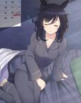  1girl animal_ears bed black_hair blush breasts calendar_(object) cleavage closed_eyes collarbone commentary_request eishin_flash_(umamusume) horse_ears horse_girl horse_tail hoshino_ouka looking_at_viewer medium_breasts medium_hair pajamas sitting sleeping smile solo tail umamusume 