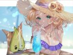  1girl alternate_costume bikini blonde_hair blurry blurry_background breast_hold breasts cleavage closed_mouth commentary cup dappled_sunlight drink drinking drinking_straw flower frilled_bikini frills glass green_eyes hat hat_flower ice ice_cube korok lens_flare looking_at_viewer medium_breasts palm_tree pointy_ears princess_zelda short_hair shuri_(84k) sitting straw_hat sunflower sunlight swimsuit table the_legend_of_zelda the_legend_of_zelda:_breath_of_the_wild the_legend_of_zelda:_breath_of_the_wild_2 translated tree twitter_username upper_body white_bikini wooden_table 