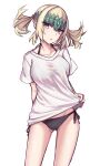  1girl bangs bikini bikini_under_clothes black_bikini blonde_hair blush breasts collarbone diadem elfenlied22 fate/grand_order fate_(series) large_breasts looking_at_viewer medium_hair open_mouth pollux_(fate) purple_eyes shirt short_sleeves solo swimsuit thighs white_shirt 