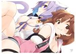  2girls :3 animal_ears breasts brown_hair cat_ears cat_girl cat_tail cleavage closed_mouth dog_ears dog_girl highres hololive inugami_korone large_breasts looking_at_viewer multiple_girls nejime nekomata_okayu no_bra off_shoulder purple_hair sideways_glance smile tail virtual_youtuber 