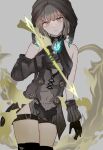  1boy akitama2727 arrow_(projectile) asymmetrical_gloves bangs bare_shoulders black_gloves brown_hair brown_hood closed_mouth elbow_gloves gloves glowing_arrow green_eyes gretel_(sinoalice) grey_background hair_between_eyes highres holding looking_at_viewer navel see-through_dress short_hair simple_background sinoalice solo thighhighs uneven_gloves yellow_legwear 