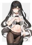  1girl black_bow black_bra black_choker black_legwear blush bow bowtie bra breasts choker cleavage closed_mouth collared_shirt cowboy_shot crotch_seam earrings eyebrows_visible_through_hair fang fang_out groin hand_on_own_chest highres holding holding_clothes holding_skirt jewelry lace lace_panties large_breasts long_hair looking_at_viewer mole mole_on_breast navel open_clothes original outside_border panties panties_under_pantyhose pantyhose see-through shirt short_sleeves simple_background skirt smile solo symbol_commentary underwear wing_collar yellow_eyes yukineko1018 