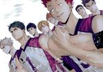  6+boys adapted_costume bare_shoulders brown_hair closed_eyes closed_mouth cross-body_stretch elbow_pads goshiki_tsutomu grey_hair haikyuu!! jersey kawanishi_taichi looking_at_viewer looking_to_the_side male_focus multiple_boys ohira_reon red_hair semi_eita shirabu_kenjirou shirt short_hair sleeveless sleeveless_shirt smile sportswear stretch tendou_satori toned toned_male ummm_mmma ushijima_wakatoshi volleyball_uniform yamagata_hayato 