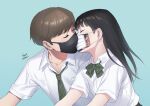  black_hair blue bow brown_hair foo_midori kiss long_hair male mask original school_uniform shirt short_hair signed tie 