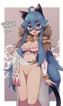  1girl :d ahoge animal_ear_fluff animal_ears areola_slip areolae bar_censor blue_eyes blue_hair breasts censored cleavage clothes_lift detached_sleeves eye_mask fingernails goinkyo hair_between_eyes highres lamb-oic029 lifted_by_self long_hair long_sleeves looking_at_viewer medium_breasts navel open_mouth pelvic_curtain_lift pussy ragnarok_online signature smile solo standing tail thank_you very_long_hair 