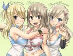  3girls :d artist_request blonde_hair blue_eyes blush breasts brown_eyes brown_hair character_name cleavage earrings eden&#039;s_zero elie_(rave) english_text eyelashes fairy_tail green_background hair_ornament hairclip happy highres jewelry large_breasts long_hair looking_at_viewer lucy_heartfilia medium_hair midriff multiple_girls navel one_eye_closed open_mouth rave rebecca_bluegarden shirt simple_background sketch smile source_request standing star_(symbol) star_earrings trait_connection wrist_cuffs 