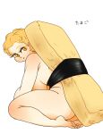  1girl absurdres blonde_hair breasts food full_body highres large_breasts nude omelet original panoramango personification short_hair simple_background sitting solo sushi tamagoyaki white_background yellow_eyes 