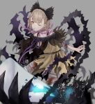  1girl :o akitama2727 bandages bangs bare_shoulders blonde_hair blood bloody_bandages braid briar_rose_(sinoalice) disembodied_limb dress grey_background hair_between_eyes hair_ornament headband highres looking_at_viewer nightgown one_eye_closed open_mouth pajamas short_hair short_sleeves simple_background sinoalice solo thorns torn_clothes torn_dress yellow_dress yellow_eyes 