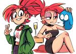  1boy 1girl absurdres black_dress blooregard_q_kazoo cup dress drinking_glass ear_piercing earrings foster&#039;s_home_for_imaginary_friends frankie_foster green_hoodie highres hood hoodie jewelry navel peargor piercing ponytail red_hair v wine_glass 