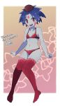 1girl :d artist_name bishoujo_senshi_sailor_moon blue_hair blush border bra breasts colored_skin facial_mark full_body grey_skin hat highres lamb-oic029 looking_at_viewer navel open_mouth panties pointy_ears ponko_(sailor_moon) red_bra red_eyes red_legwear red_panties round_teeth short_hair small_breasts smile solo teeth thank_you thighhighs underwear underwear_only upper_teeth white_border 