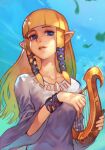  1girl bangle bangs blonde_hair blue_eyes blue_sky bracelet collarbone hair_tubes harp holding holding_instrument hungry_clicker instrument jewelry long_hair long_sleeves outdoors pointy_ears princess_zelda sidelocks sky solo the_legend_of_zelda the_legend_of_zelda:_skyward_sword upper_body wide_sleeves wind 