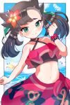  asymmetrical_bangs bangs bikini black_hair bow bracelet choker collarbone cowboy_shot day earrings flower flower_bracelet green_eyes green_ribbon hair_bow hair_flower hair_ornament halterneck hibiscus highres jewelry marnie_(pokemon) medium_hair navel ocean pink_nails pokemon pokemon_(game) pokemon_masters_ex ribbon sarong swimsuit twintails two_side_up umiru water water_drop 