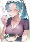  1girl :t apple_slice bangs blue_eyes blush breasts cinnamon_stick cleavage closed_mouth collarbone commentary eating eyelashes food forehead half-closed_eyes holding holding_spoon large_breasts light_blue_hair long_hair motion_lines nefertari_vivi one_piece parted_bangs ponytail purple_shirt runa_(artist) shirt shokugeki_no_sanji short_sleeves smile solo spoon taut_clothes taut_shirt upper_body 