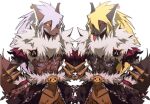  2boys bangs black_cape blonde_hair brown_pants cape chain commentary_request cowboy_shot dagger earrings emon-yu fur-trimmed_cape fur_collar fur_trim furrification furry hair_between_eyes jewelry knife long_hair looking_at_viewer male_focus mirror_image multiple_boys pants ragnarok_online red_eyes shadow_chaser_(ragnarok_online) shrug_(clothing) simple_background tongue tongue_out waist_cape weapon white_background white_hair 