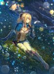 1girl absurdres blonde_hair blowing blue_eyes bow brace breasts cleavage cloud cloudy_sky dandelion earrings field fireflies flower full_body full_moon genshin_impact grass hair_bow highres jean_(genshin_impact) jewelry medium_breasts moon night night_sky on_ground outdoors ponytail sitting sky solo vambraces yewang19 