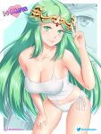  1girl breasts cleavage etchimune green_eyes green_hair jewelry kid_icarus kid_icarus_uprising large_breasts long_hair looking_at_viewer necklace nintendo palutena smile solo super_smash_bros. swimsuit thighs tiara v very_long_hair 