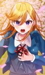  1girl absurdres bangs blue_cardigan blurry blurry_background blush cardigan cherry_blossoms collared_shirt floating_hair hair_between_eyes hand_on_own_chest highres long_hair looking_at_viewer love_live! love_live!_superstar!! neck_ribbon open_mouth orange_hair petals red_ribbon ribbon rukito school_uniform shibuya_kanon shirt solo sweat teeth upper_body v-shaped_eyebrows yuigaoka_school_uniform 