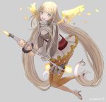  1girl :d akitama2727 bangs blonde_hair blue_eyes breasts cleavage full_body gloves grey_background grey_gloves highres holding holding_staff long_hair long_sleeves looking_at_viewer open_mouth rapunzel_(sinoalice) simple_background sinoalice smile solo staff teeth thighhighs wings yellow_legwear 
