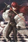  1girl bodysuit breasts covered_navel framed_breasts hair_over_one_eye hybridmink impossible_bodysuit impossible_clothes kirijou_mitsuru large_breasts long_hair persona persona_3 persona_4:_the_ultimate_in_mayonaka_arena rapier red_hair sheath sword tagme weapon yellow_eyes 