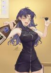  1girl :d alcohol armpits bare_legs black_dress blush bottle breasts calendar_(object) choko_(cup) closed_eyes commentary_request covered_nipples cowboy_shot cross cross_necklace cup dress earrings fadingz highres holding holding_bottle holding_cup jewelry katsuragi_misato large_breasts long_hair messy_hair narrow_waist necklace neon_genesis_evangelion open_mouth pixiv_id purple_hair sake_bottle short_dress signature sleeveless smile spilling table thighs zipper_dress 