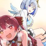  2girls all_fours amane_kanata angel angel_wings black_skirt blue_hair blue_legwear blue_wings blush colored_inner_hair frilled_skirt frills grey_jacket hair_ribbon halo hololive houshou_marine jacket kneehighs long_hair long_sleeves multicolored_hair multiple_girls open_mouth purple_eyes red_eyes red_hair red_ribbon ribbon short_hair silver_hair sitting sitting_on_person skirt smile star_halo twintails virtual_youtuber watarai_keiji wings 