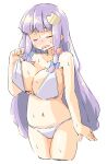  1girl arnest bangs bikini blue_bow blush bow breasts cleavage closed_eyes collarbone crescent crescent_hair_ornament cropped_legs eyebrows_visible_through_hair hair_bow hair_ornament highres hot large_breasts long_hair multi-tied_hair navel patchouli_knowledge purple_hair red_bow sidelocks sketch strap_lift sweat swimsuit thighs touhou wavy_mouth white_background white_bikini white_swimsuit 