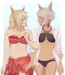  2girls artist_request bikini bikini_bottom bikini_skirt bikini_top blonde_hair dark-skinned_female dark_skin facial_mark final_fantasy final_fantasy_xiv long_hair miqo&#039;te multiple_girls purple_eyes short_hair source_request swimsuit tattoo whisker_markings white_eyes white_hair y&#039;shtola_rhul 