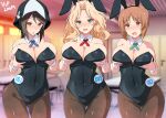  3girls animal_ears aqua_eyes ass_visible_through_thighs bangs black_leotard blonde_hair blue_neckwear blurry blurry_background blush breast_lift breasts brown_hair bunny_ears cleavage contest_button covered_navel cowboy_shot detached_collar eyebrows_visible_through_hair fishnet_legwear fishnets girls_und_panzer green_neckwear hat highres indoors kay_(girls_und_panzer) large_breasts leotard long_hair looking_at_viewer mika_(girls_und_panzer) multiple_girls nakamura_yukitoshi nishizumi_miho open_mouth playboy_bunny red_neckwear short_hair smile standing thigh_gap tulip_hat wavy_hair wrist_cuffs 