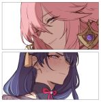  2girls blue_hair blush closed_mouth face genshin_impact hair_between_eyes hair_ornament long_hair looking_at_viewer maiqo mole mole_under_eye multiple_girls pink_hair purple_eyes raiden_(genshin_impact) smile sweatdrop white_background yae_(genshin_impact) 