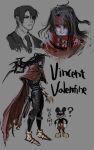  clawed_gauntlets cloak final_fantasy final_fantasy_vii formal gun headband highres leather long_hair messy_hair mickey_mouse necktie pale_skin pointed_footwear rapio red_cloak red_eyes red_headband revolver short_hair suit torn_clothes vincent_valentine weapon 