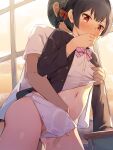  1boy 1girl black_hair black_vest blush bow bowtie covering_mouth hand_in_panties hetero highres idolmaster idolmaster_shiny_colors implied_fingering morino_rinze navel panties pink_neckwear pussy_juice red_eyes school_uniform seneto shirt shirt_grab short_hair thighs underwear vest white_panties white_shirt window 