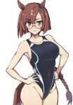  1girl animal_ears black_swimsuit braid braided_ponytail breasts brown_eyes brown_hair closed_mouth competition_swimsuit eyebrows_visible_through_hair glasses grey_background hands_on_hips highres horse_ears horse_girl horse_tail ikuno_dictus_(umamusume) large_breasts long_hair looking_at_viewer mordeth one-piece_swimsuit simple_background solo swimsuit tail thighs umamusume 