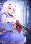  1girl absurdres blue_cape blue_dress breasts brown_eyes cape dress eyebrows_visible_through_hair fairy_knight_lancelot_(fate) fate/grand_order fate_(series) forest frills highres kazuma_muramasa long_hair long_sleeves nature parted_lips sidelocks small_breasts solo weapon white_hair 