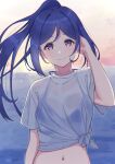  1girl absurdres arhah bangs bikini bikini_top bikini_under_clothes blue_bikini blue_hair breasts closed_mouth eyebrows_visible_through_hair floating_hair halterneck hand_in_hair hand_up high_ponytail highres horizon long_hair looking_at_viewer love_live! love_live!_sunshine!! matsuura_kanan medium_breasts navel ocean ponytail purple_eyes see-through shirt short_sleeves smile solo sunset swimsuit t-shirt tied_shirt upper_body wet wet_clothes wet_shirt white_shirt 